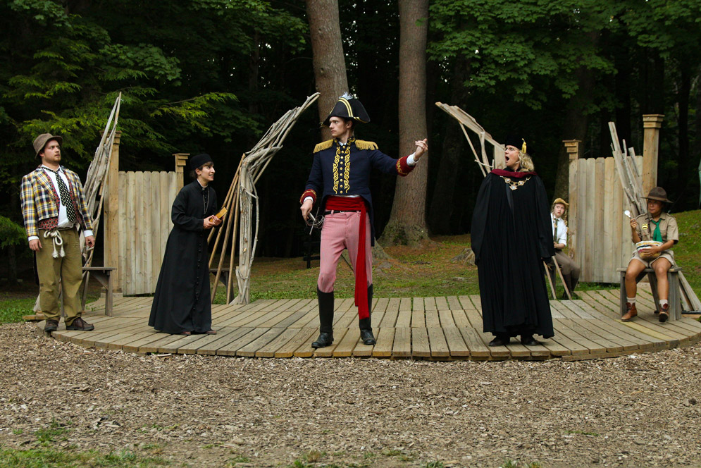 Left to right: Luke Haskell (Costard), Dara Silverman (Sir Nathaniel), Thomas Reynolds (Don Armado), Lori Evans (Holofernes), Fiona Herter (Forester), and Emily Eldridge-Ingram (Dull). Photos courtesy of Shakespeare & Company