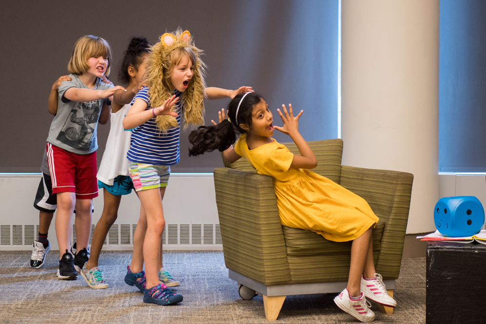Sahnvi Rudra, 7 (right), and other participants in Wheelock Family Theatre’s summer program