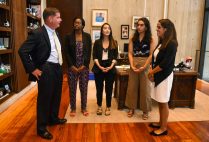 Boston Mayor Martin Walsh (from left) with BU City Scholars Summer Fellows Sophia Dorsainvil-Johnson (Wheelock’20), Mandy Yao (Sargent’20), Yasly Landestoy (Sargent’20), and Karina Ferzoco (Questrom’20). The four spent the summer working as interns at City Hall, paid by BU’s Office of Government and Community Affairs. Not in photo: John O’Brien (CAS’19) and Tatyana Fonseca (CAS’20). Photo courtesy of city of Boston