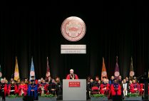 Sunday’s Matriculation was ceremonious: faculty and administrators donned academic dress, banners representing BU’s undergraduate schools and colleges were on display, and President Robert A. Brown wore his presidential doctoral gown and formal President’s Collar and carried the academic mace.