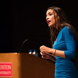 American politician Alexandria Ocasio-Cortez, 2018 Democratic candidate for the House of Representatives from New York's 14th Congressional District, speaks to a crowd at Boston University on October 2, 2018.