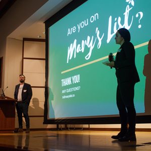 Two students pitch their company, Mary's List.