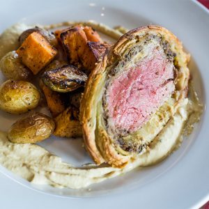 Plated Beef Wellington as prepared by the Flying Rhino Cafe and Watering Hole in Worcester, Massachusetts