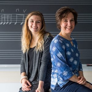 Madeline Bucci (CFA’19,’20) (left) researched a teaching method that stresses respect rather than aptitude, mentored by Karin Hendricks, a CFA assistant professor of music. Photo by Cydney Scott