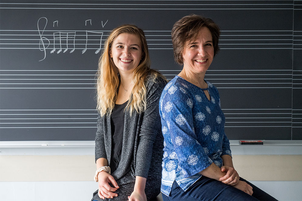 Madeline Bucci (CFA’19,’20) (left) researched a teaching method that stresses respect rather than aptitude, mentored by Karin Hendricks, a CFA assistant professor of music. Photo by Cydney Scott
