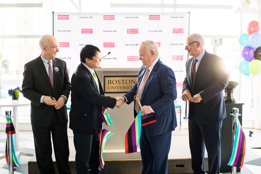 BUildLab: IDG Capital Student Innovation Center opening February 1: Questrom Dean Kenneth Freeman (from left), IDG Capital president and BU trustee Hugo Shong (COM’87, GRS’90), BU President Robert A. Brown, and Innovate@BU executive director Gerry Fine. Photo by Jackie Ricciardi
