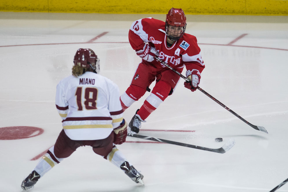 A heartbreaker for the women’s hockey Terriers, a milestone for Victoria Bach (CGS’16, COM’18): Bach scored her 100th goal in the February 13 Women’s Beanpot Tournament final loss to BC. Photo by Jackie Ricciardi