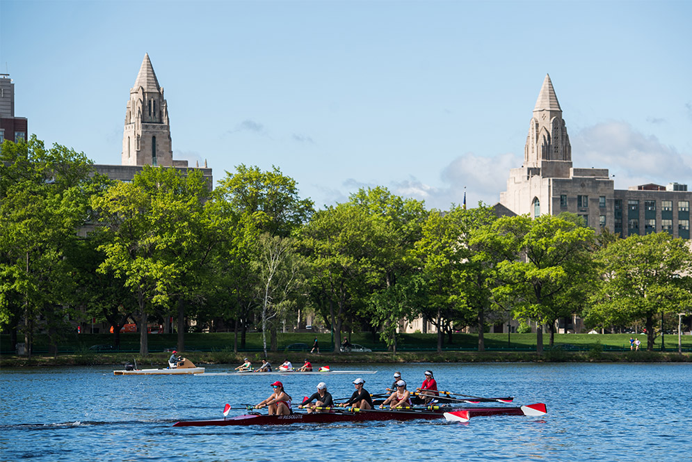 “Indeed the river is a perpetual gala, and boasts each month a new ornament.”—Ralph Waldo Emerson. The women’s lightweight rowing team adorns the Charles, May 23. Photo by Cydney Scott