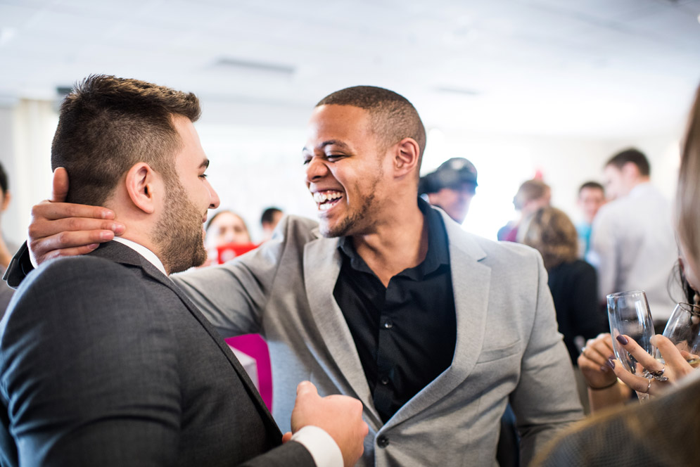 MED’s 2018 Match Day: Happy about their residency matches are Antoine Ribieras (MED’18) (left) and Stephon Martin (MED’18), both to Florida’s Jackson Memorial Hospital—Ribieras in general surgery and Martin in psychiatry. Photo by Jackie Ricciardi