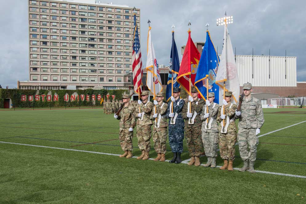 ROTC cadets and midshipmen joined together for BU’s 36th annual Joint Service Pass in Review, one of the country’s oldest military traditions, October 20 on Nickerson Field. Photo by Melissa Ostrow