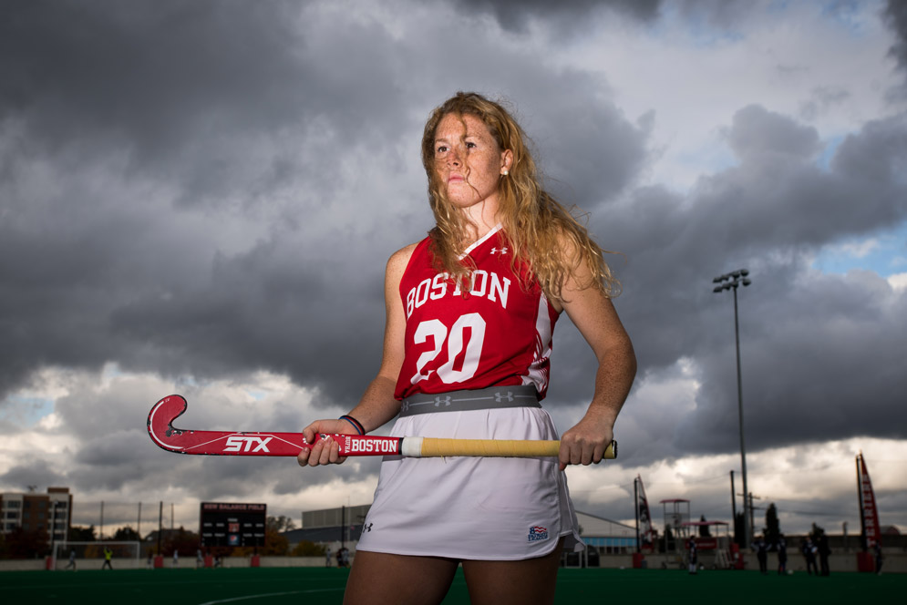 Field hockey cocaptain Ally Hammel (CGS’17, Sargent’19) was the first player in BU history to be named a two-time NFHCA All-American when the honors were announced December 4. Her career stats: 56 points, 22 goals, 12 assists, 83 contests. Photo by Cydney Scott