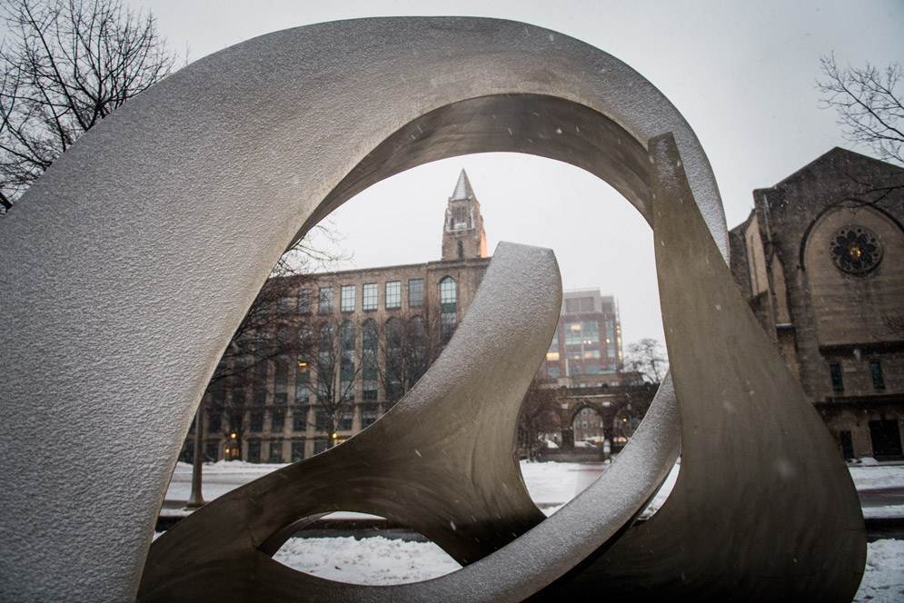 Summer, fall, winter, spring: Counterpoint, by Russell Jacques (CFA’66), has weathered every season on the BU Beach since 1992, including an early spring snow. Photo by Janice Checchio