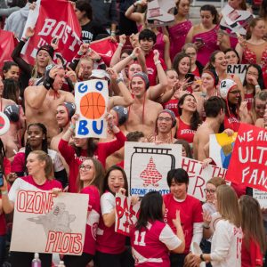 There was spirited pandemonium at the BU-Loyola men’s basketball game (BU 64, Loyola 55) January 31 for the annual Club Sports and Intramural Spirit Night. Photo by Cydney Scott