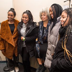 Angela Davis, activist, academic and author took time to chat with students and pose for photos with them, including Feven Solomon (CAS'21), from left, Kalkidan Tewodros (Questrom'21), Davis, Grace Mecha (SAR'21), and Zanta Ephrem (SAR'21) after speaking to a full crowd in Jacob Sleeper Auditorium February 9, 2019. The event, entitled Angela Davis: Violence Against Women and Its Ongoing Challenge to Racism! was made possible by The Boston University Undergraduate Sociology Association.