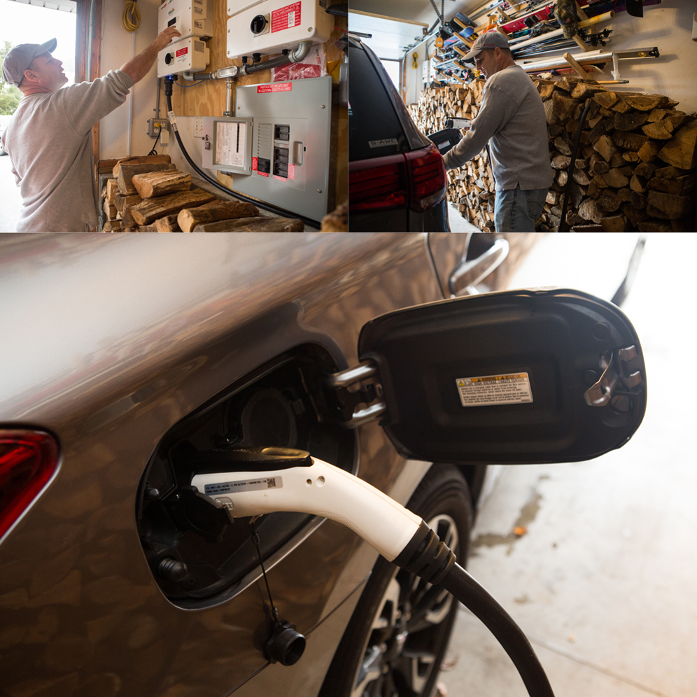 Mike Wagner readys the solar system transfer box to charge his hybrid SUV. Mike Wagner inserts a charging plug into his Mitsubishi Outlander PHEV hybrid vehicle. Detail view of the solar charging plug inserted into the plug of the Mitsubishi Outlander PHEV hybrid vehicle.
