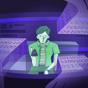 Data sciences and the arts thumb, illustrated depiction of a young man sitting in front of a television set with data being recorded