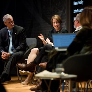 Massachusetts Governor Charlie Baker (left) and Attorney General Maura Healey, two speakers at the SPH Dean’s Forum Tackling Gun Violence on March 11 at WBUR’s CitySpace.