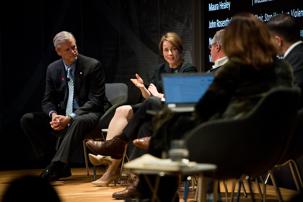 Massachusetts Governor Charlie Baker (left) and Attorney General Maura Healey, two speakers at the SPH Dean’s Forum Tackling Gun Violence on March 11 at WBUR’s CitySpace.