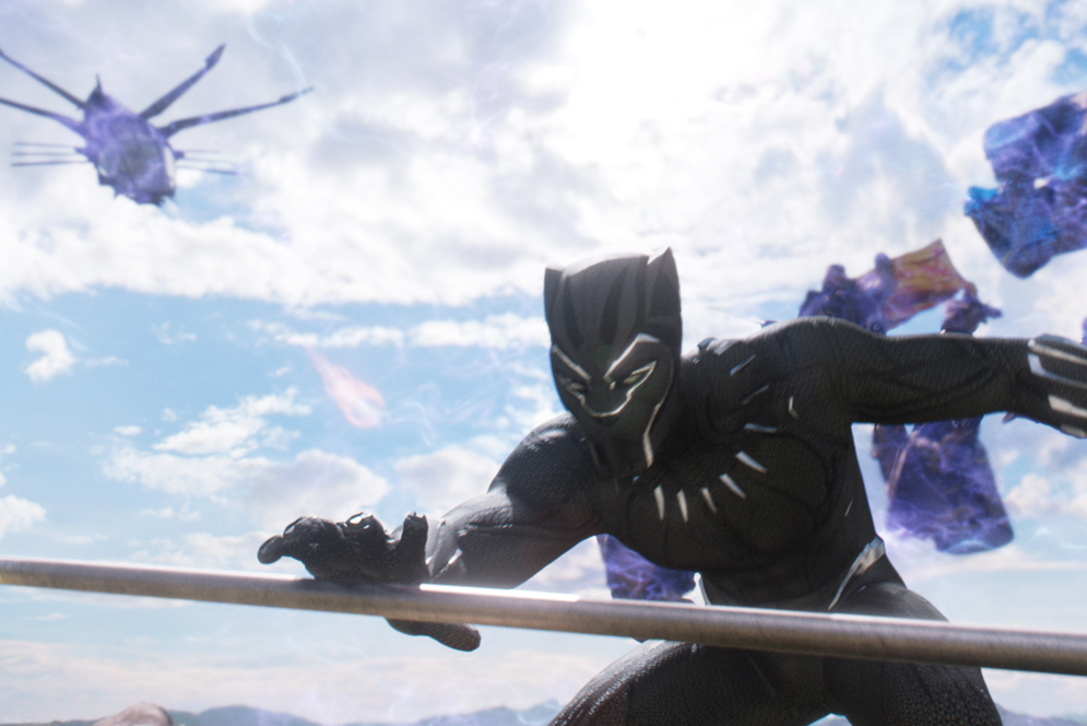 Black Panther in his titular movie, fighting off helicopters