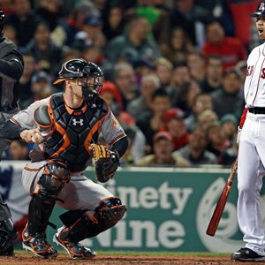 umpire C. B. Buckner and Mookie Betts