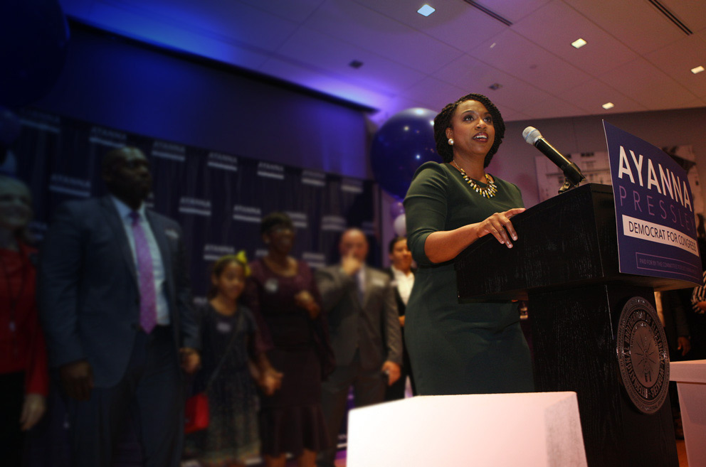 Ayanna Pressley, 2018 midterms candidate represent Massachusetts in the House of Representatives, speaks at the podium during her Democratic Primary election night party.