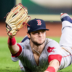 Andrew Benintendi catches the final out of game four of the American League Championship Series against the Houston Astros on October 17, 2018, in Houston.