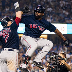 Jackie Bradley Jr. (right), with Christian Vazquez, after hitting a game-tying solo home run in game three of the 2018 World Series against the Los Angeles Dodgers.