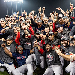 Players pose for a team photograph after winning the 2018 World Series in game five against the Los Angeles Dodgers. 