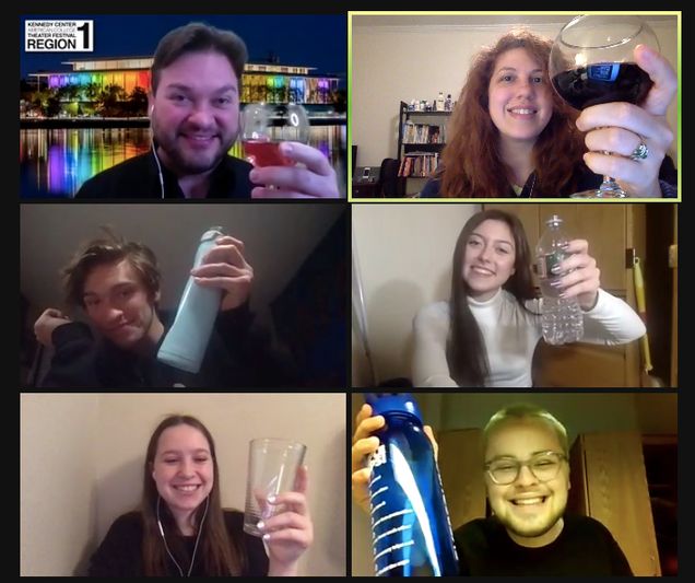 Playwright Cayenne Douglass (upper R) virtually toasts the team of her play WROL at this year's KCACTF Region 1 Festival. (Photo: Cayenne Douglass)