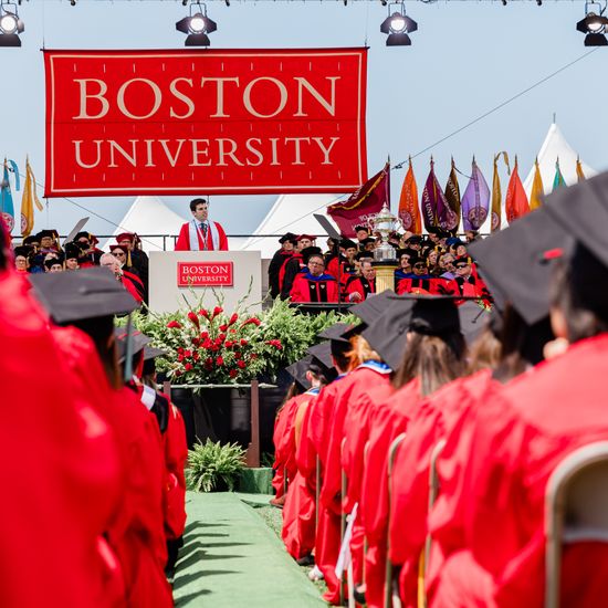 Student speaker Sumner V. Jones (Questrom’23) addresses graduates at BU’s Commencement ceremony at Nickerson Field