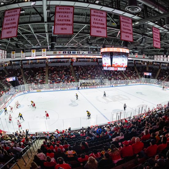 The BU Terriers hockey team beats Merrimack College at the Agganis Arena