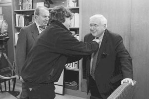 CBS News Sunday Morning anchor Charles Osgood (left) interviews Special Collections Director Howard Gotlieb (right) for a segment that aired on January 19. Photo by Fred Sway