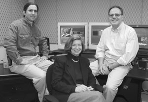 Chris Palmer (left), Nancy Marrs, and Phil Zekos of BU Productions recently won a bronze Telly Award for “Accept the Challenge,” a recruitment video for prospective BU undergraduates. The statuette, which is manufactured by the same company that makes the Emmys and Oscars, will arrive at BU in May. Photo by Vernon Doucette