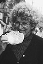 Professor Merry White, eating “Chinese Muslim” bread in Shanghai, 2003; students take culinary tours of Boston in her anthropology course. Photo courtesy of Merry White