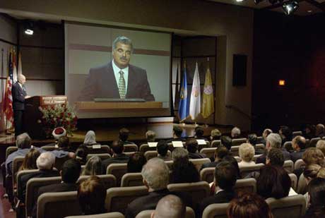 Rafik Hariri (Hon.86), the former prime minister of Lebanon and a former BU trustee, was honored at a memorial service March 14 in the School of Management building, which is named for him. Photo by Kalman Zabarsky 