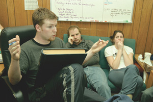 Daily Free Press editor in chief Patrick Gillooly directs an editorial meeting early this semester. Photo by Phoebe Sexton