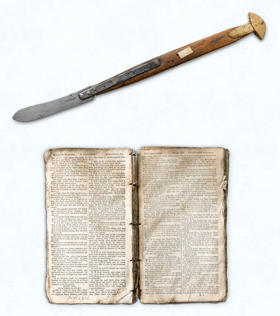 British knives reshaped into Inuit tool and tattered bible left on Baffin Island.