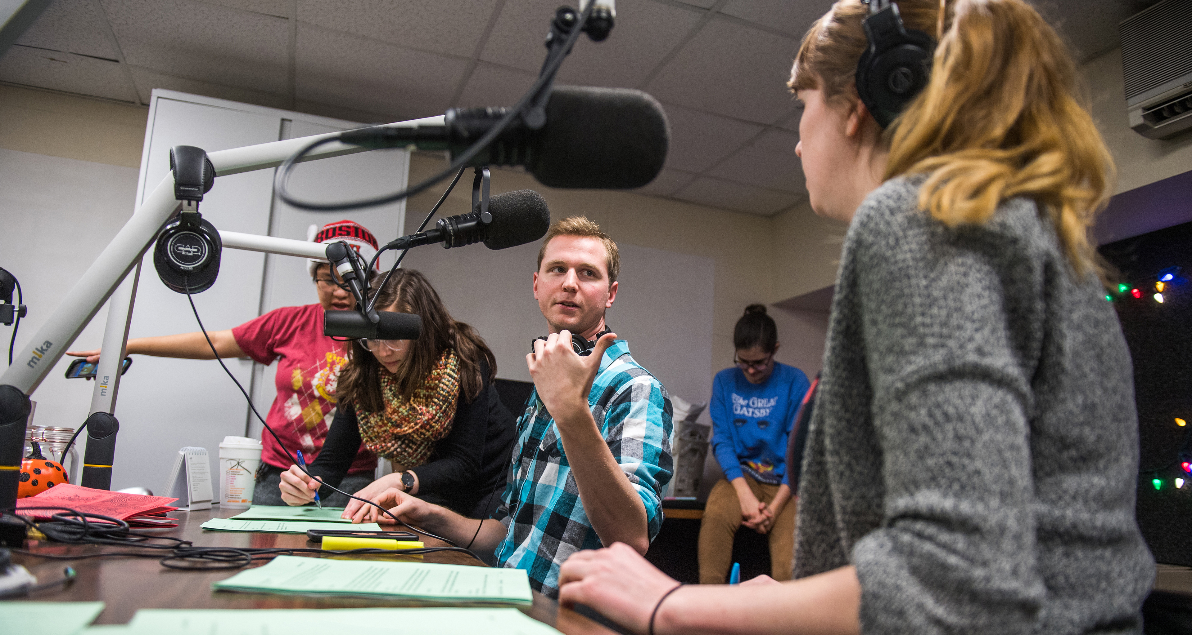 Students working in radio studio