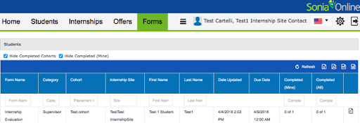 Sonia Screenshot: Forms Section with Evaluation for Supervisors