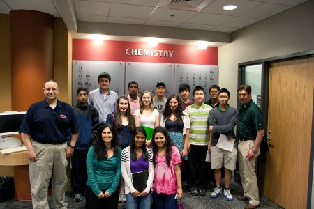 IMG_8241 Students who learned about x-ray crystallography, along with their teacher Aaron Mathieu (far right), Dr. Bacon and Prof. Allen.