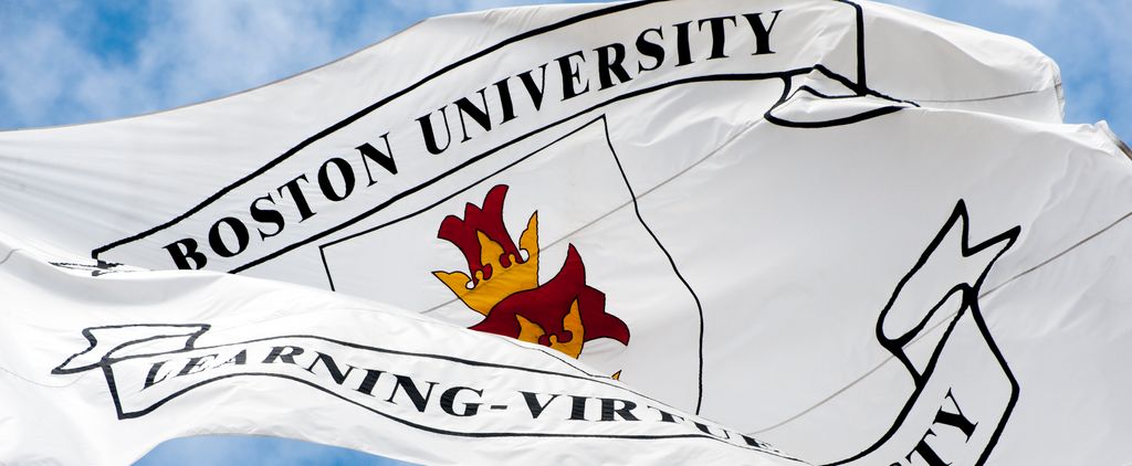The Boston University Flag flys over Marsh Plaza. Photo by Kalman Zabarsky for Boston University Photography