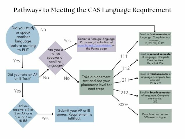 Flowchart outlining the various pathways to meet the CAS Language Requirement. First, did you study or speak another language before coming to BU? If yes, did you take an AP or IB test? AP scores of 4 or 5 may and IB Higher Level scores of 5, 6, or 7 may be used to fulfill the requirement. If you are a native speaker of another language, you must submit a Request for a Foreign Language Proficiency Evaluation on the www.bu.ed/casadvising Forms page. If you have previously studied a language but do not have AP/IB scores to fulfill the requirement, you must take a placement test and see which placement level would appropriate.