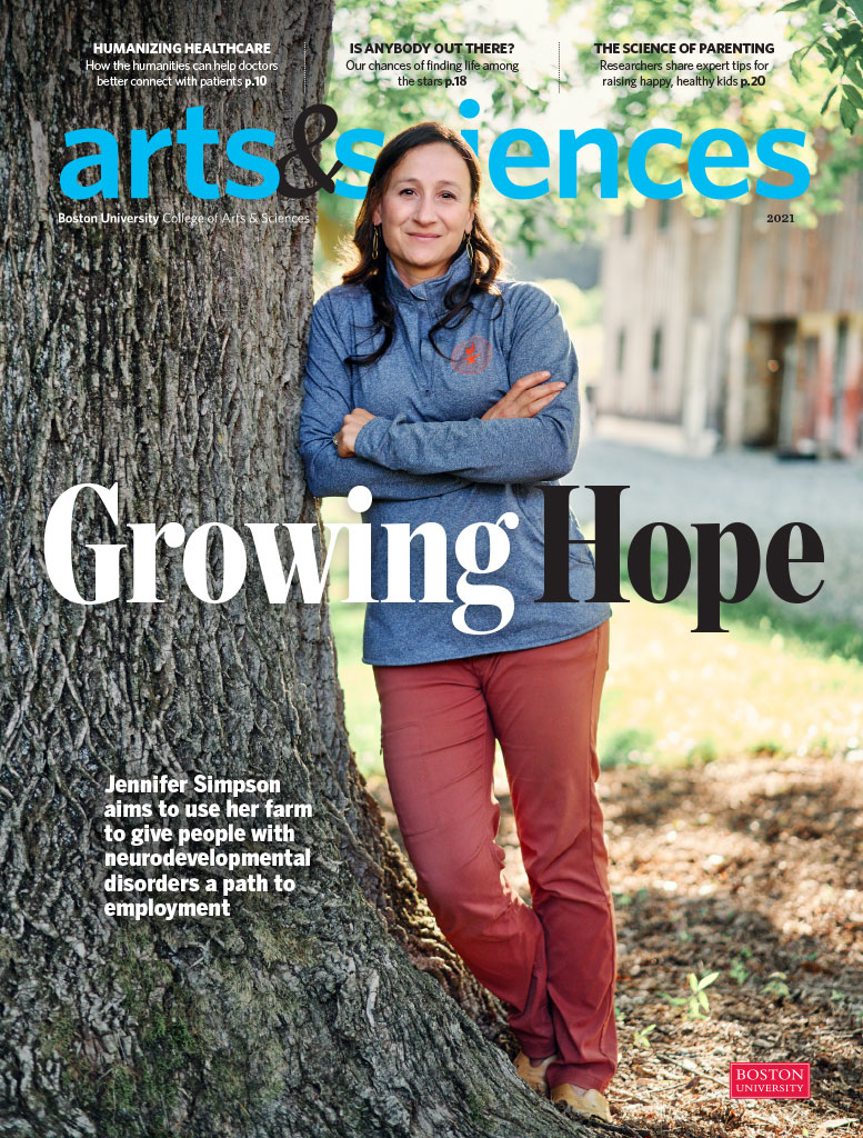 Cover of Arts & Sciences magazine in Fall 2021. Image features a woman leaning against a tree with the text 'Growing Hope'