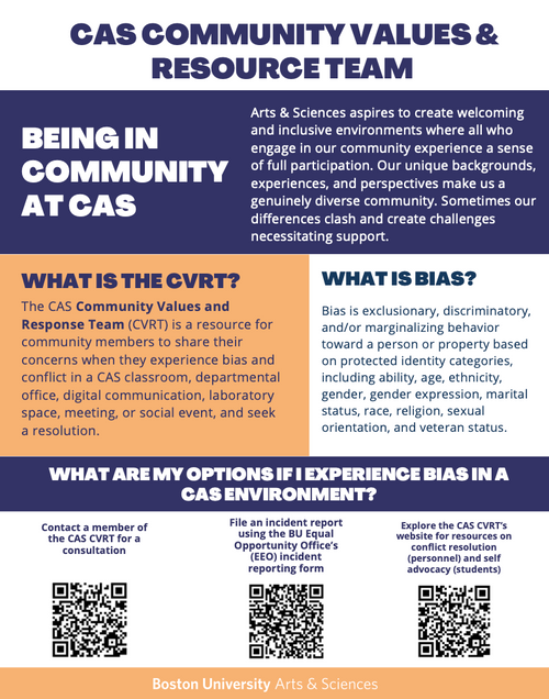 CAS COMMUNITY VALUES & RESOURCE TEAM. Arts & Sciences aspires to create welcoming and inclusive environments where all who engage in our community experience a sense of full participation. Our unique backgrounds, experiences, and perspectives make us a genuinely diverse community. Sometimes our differences clash and create challenges necessitating support. WHAT IS THE CVRT? The CAS Community Values and Response Team (CVRT) is a resource for community members to share their concerns when they experience bias and conflict in a CAS classroom, departmental office, digital communication, laboratory space, meeting, or social event, and seek a resolution. WHAT IS BIAS? Bias is exclusionary, discriminatory, and/or marginalizing behavior toward a person or property based on protected identity categories, including ability, age, ethnicity, gender, gender expression, marital status, race, religion, sexual orientation, and veteran status. WHAT ARE MY OPTIONS IF I EXPERIENCE BIAS IN A CAS ENVIRONMENT? Contact a member of the CAS CVRT for a consultation File an incident report using the BU Equal Opportunity Office’s (EEO) incident reporting form Explore the CAS CVRT’s website for resources on conflict resolution (personnel) and self advocacy (students)