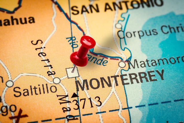 Pushpin pointing at Monterrey city in Mexico