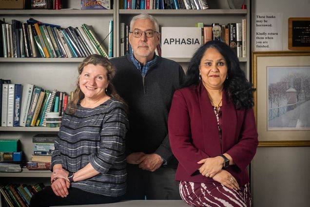 Elizabeth Hoover (left), Jerry Kaplan (center), and Swathi Kiran (right) have won BU and Sargent College national recognition in aphasia treatment and research. Photo by Jackie Ricciardi
