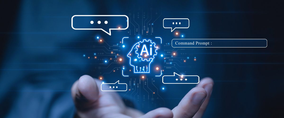 Digital image of a computer circuit with an overlay of a head with the word AI written over it