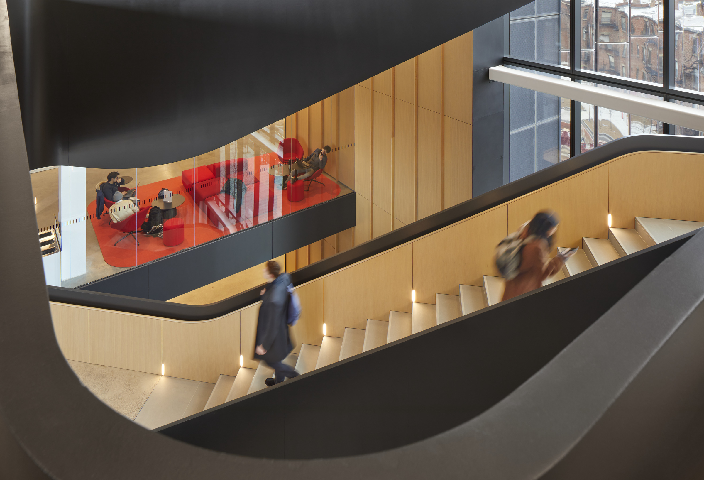 Photo of students on the BU Center for Computing & Data Sciences stairwell