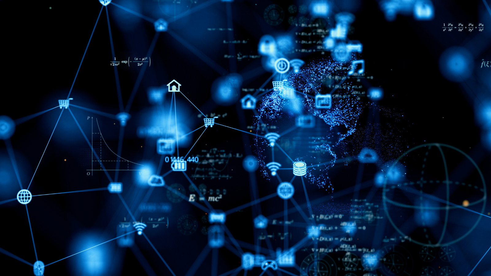 Digital graphic of computer data symbols on black background