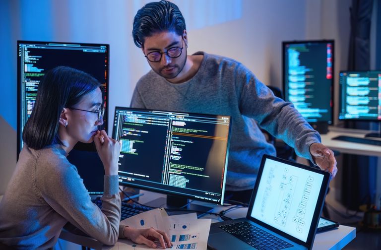 two data scientists looking at their jupyter notebook together